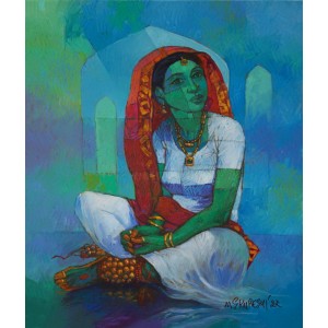 Saeed Kureshi, Meditative Glance, 24 x 30 Inch, Oil on Canvas, Figurative Painting, AC-SAKUR-027